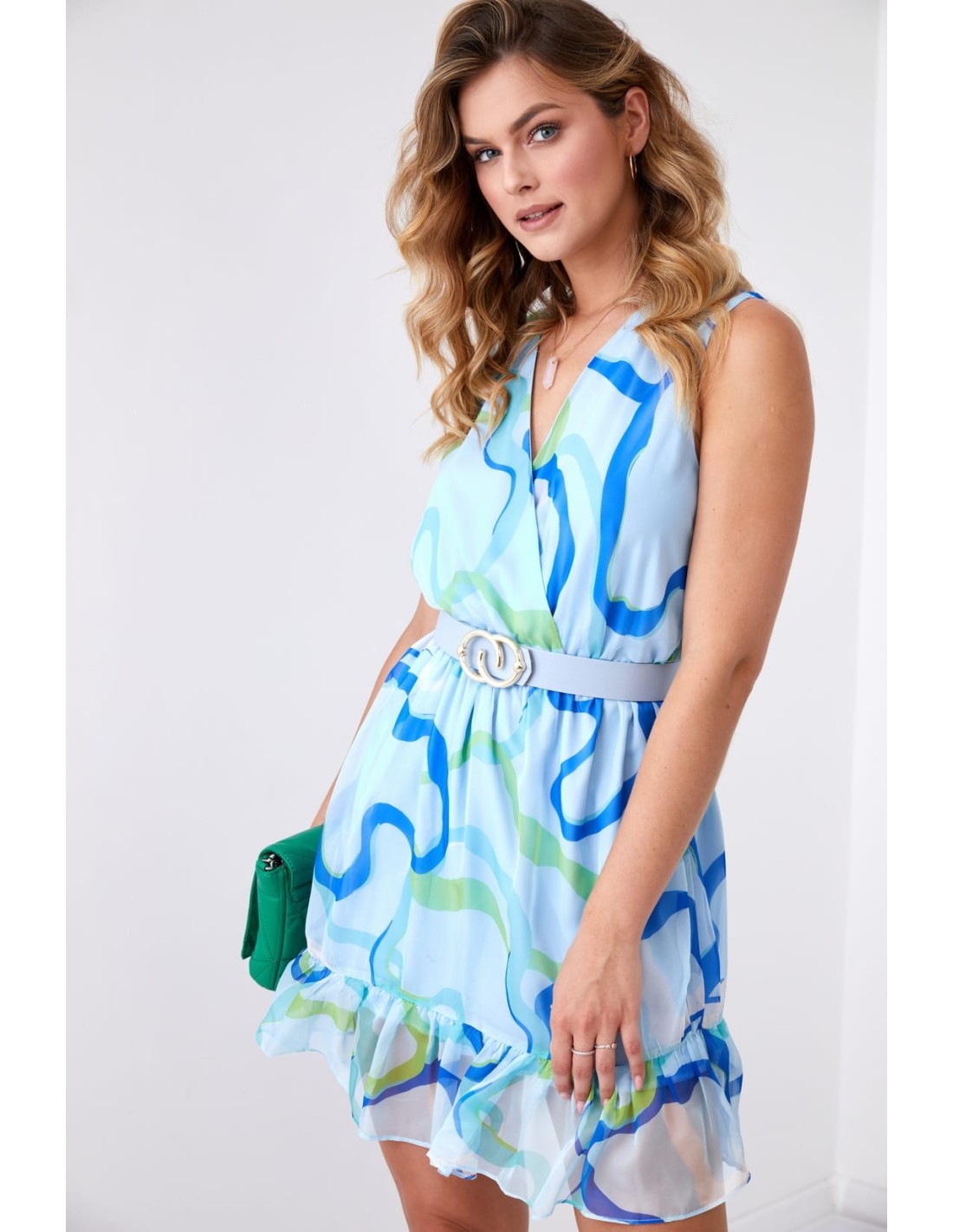 Light patterned dress with a belt, mint blue 03040 - Online store - Boutique